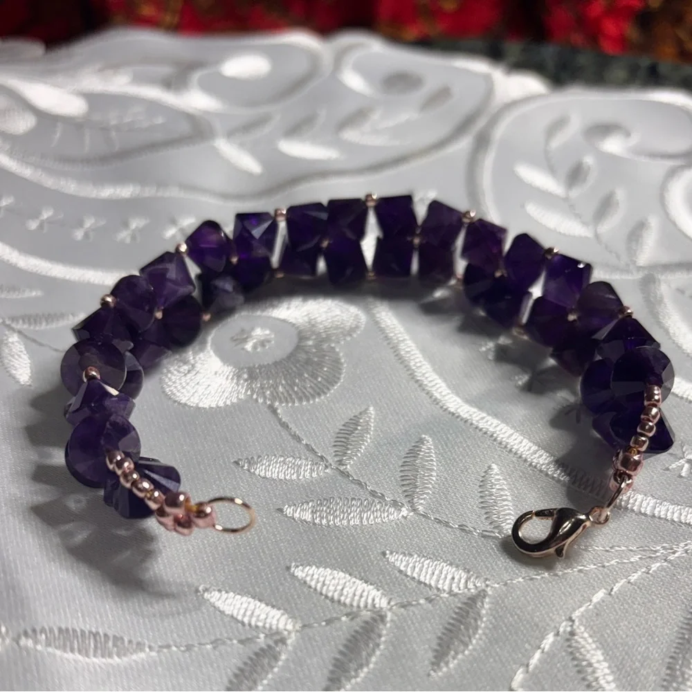Handmade Amethyst Gemstone Bracelet rose gold tone lobster claw clasp 7.5 inches - Picture 8 of 9